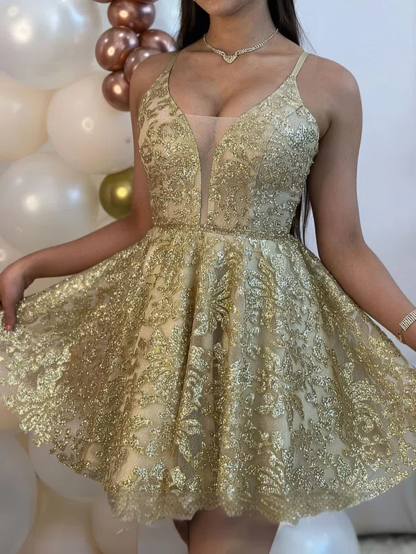 V-neck Glitter Lace Skater Homecoming Dresses #Milly02054146