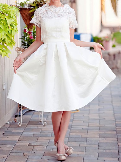Ivory Lace Satin Knee-length Scalloped Neck with Pockets Short Sleeve Wedding Dress #00020922