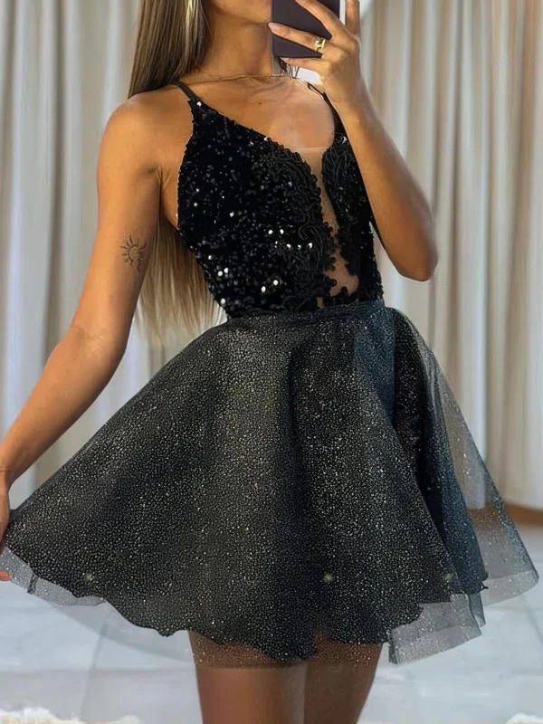 V-neck Glitter Skater Homecoming Dresses With Appliques Lace #Milly02054154