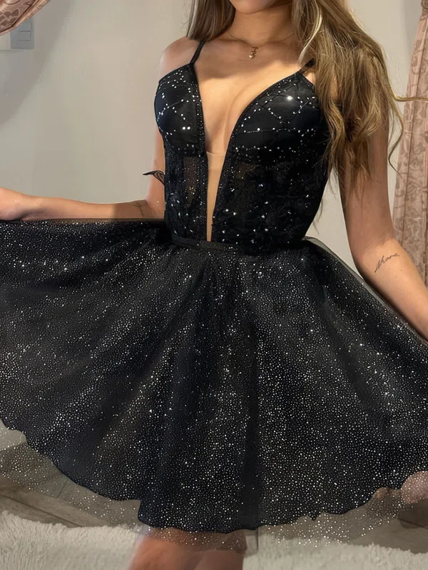 V-neck Glitter Skater Homecoming Dresses With Ruched #Milly02054155