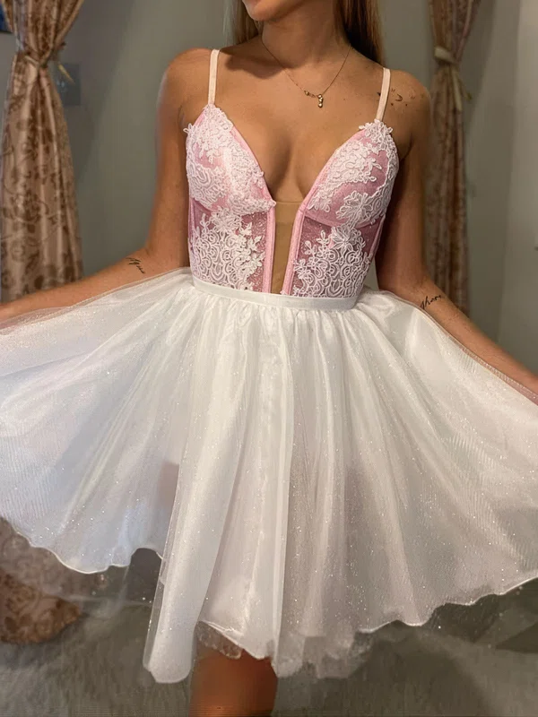 A-line V-neck Glitter Homecoming Dresses With Appliques Lace #Milly02054167
