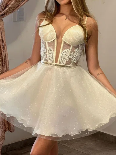 A-line V-neck Glitter Homecoming Dresses With Appliques Lace #Milly02054169