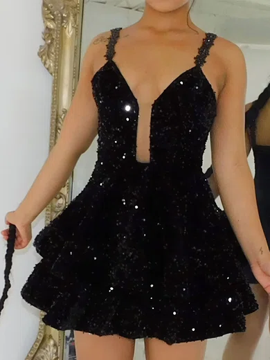 Black V-neck Velvet Sequin Tiered Homecoming Dresses #Milly02054340