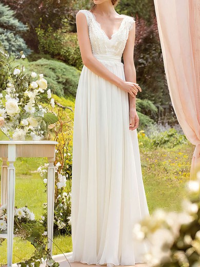 A-line V-neck Chiffon Floor-length Wedding Dresses With Lace #00020925