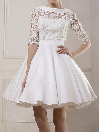Cute Cowl Neck 1/2 Sleeve Short/Mini White Lace Satin Wedding Dresses #00020930
