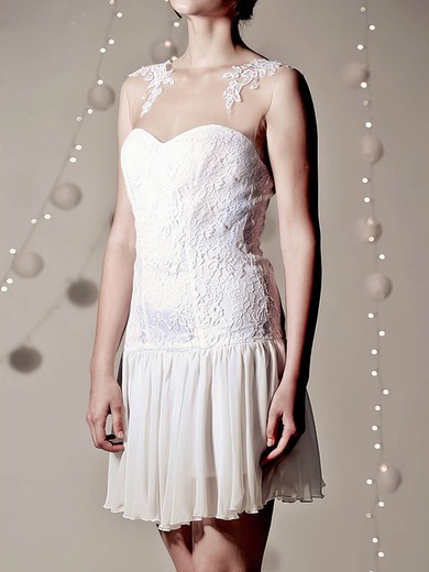White Lace Chiffon Appliques Lace Noble Sheath/Column Scoop Neck Short Wedding Dress #00020955