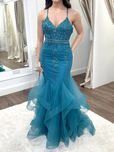 Mermaid V-neck Tulle Ruffle Prom Dresses With Beading #Milly020123521