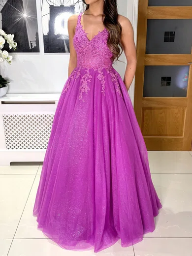 Ball Gown V-neck Tulle Prom Dresses With Appliques #Milly020123524