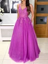 Ball Gown V-neck Tulle Prom Dresses With Appliques #Milly020123524