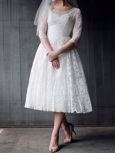 Tea-length Scoop Neck White 3/4 Sleeve With Pearl Detailing Bow Lace Wedding Dress #00020958
