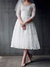 Tea-length Scoop Neck White 3/4 Sleeve With Pearl Detailing Bow Lace Wedding Dress #00020958
