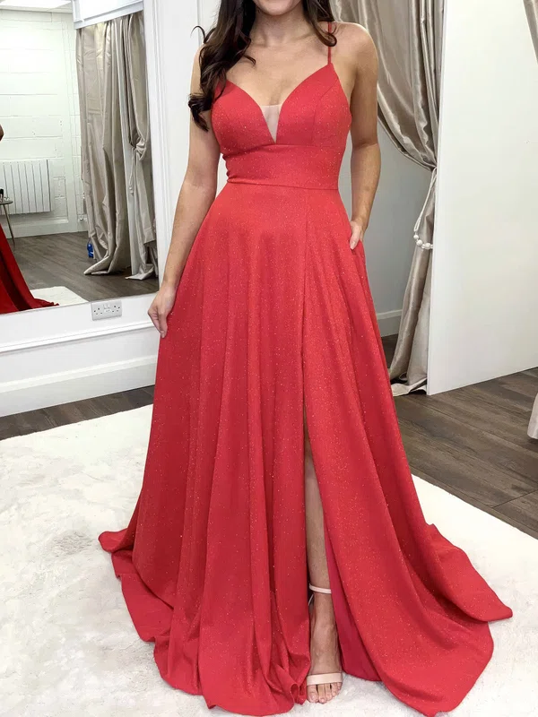 Red A-line V-neck Glitter Prom Dresses #Milly020123529