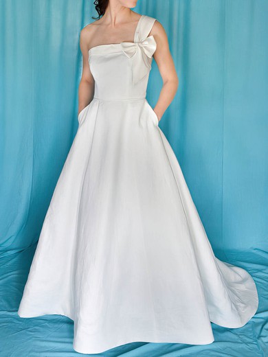 Sweep Train White Satin with Bow Inexpensive One Shoulder Wedding Dress #00020959