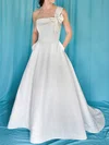 Sweep Train White Satin with Bow Inexpensive One Shoulder Wedding Dress #00020959