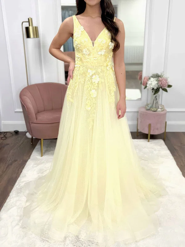 Ball Gown V-neck Tulle 3D Floral Prom Dresses With Appliques #Milly020123538