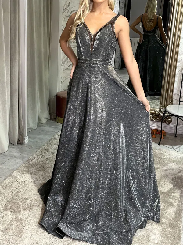 A-line V-neck Glitter Backless Prom Dresses With Ruched #Milly020123564