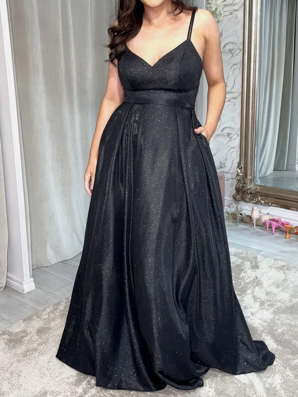 Black Ball Gown V-neck Glitter Sparkly Prom Dresses With Ruched #Milly020123570
