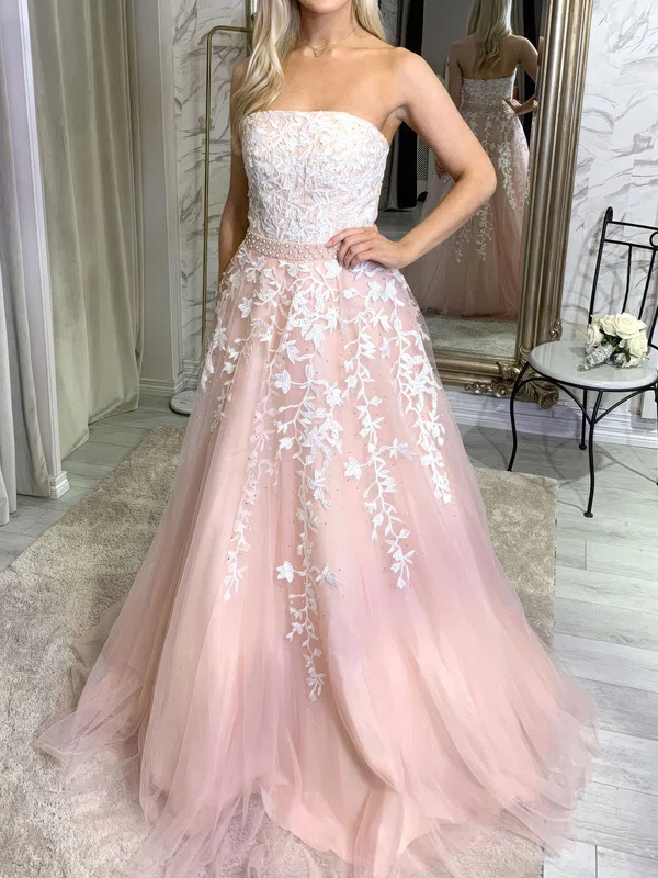 Ball Gown Strapless Lace Tulle Prom Dresses With Appliques #Milly020123583