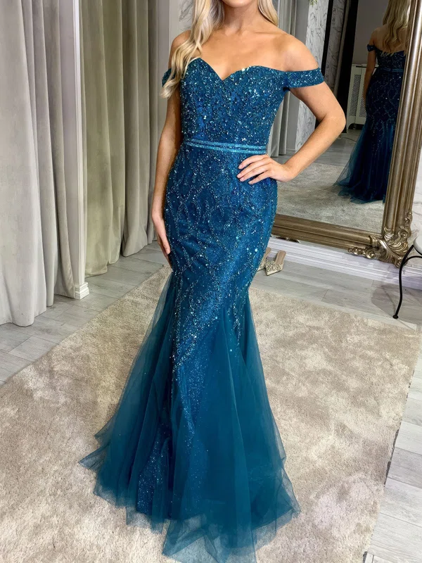 Trumpet/Mermaid Off-the-shoulder Glitter Tulle Floor-length Prom Dress With Beading #Milly020123589