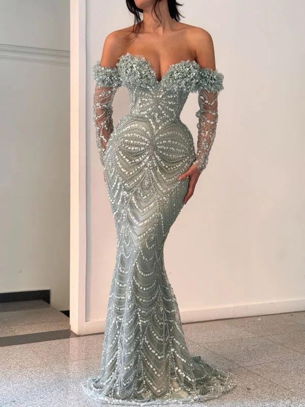 Trumpet/Mermaid Off-the-shoulder Glitter Sweep Train Prom Dress With Beading #Milly020123642