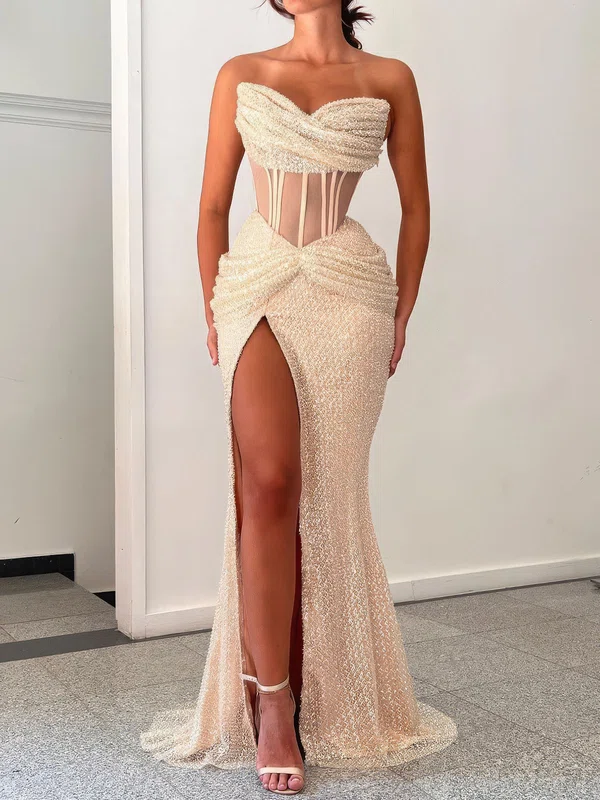 Sheath/Column V-neck Tulle Corset Prom Dresses With Ruched #Milly020123644