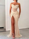Sheath/Column V-neck Tulle Corset Prom Dresses With Ruched #Milly020123644