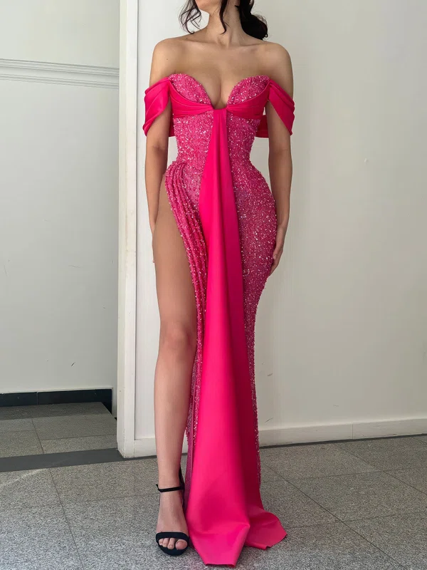 Sheath/Column Off-the-shoulder Sequin Satin Sweep Train Prom Dress With Split Side #Milly020123648