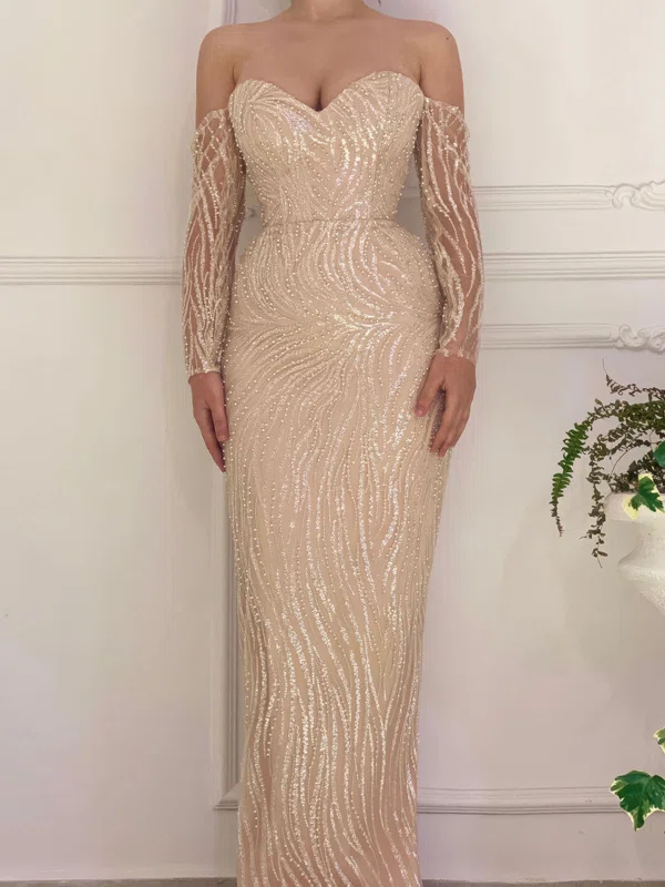 Sheath/Column Off-the-shoulder Glitter Lace Floor-length Prom Dress With Pearl Detailing #Milly020123657