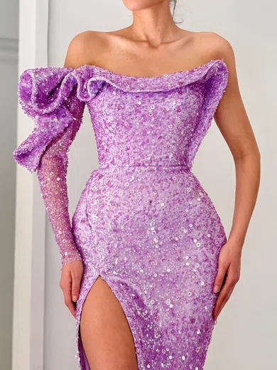 Sheath/Column One Shoulder Long Sleeves Sparkly Sequin Prom Dresses #Milly020123663
