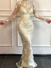 Sheath/Column High Neck Tulle Floor-length Prom Dress With Pearl Detailing #Milly020123676