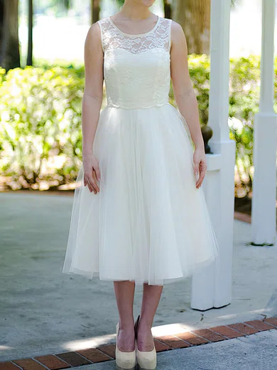 Tulle Scoop Neck Lace Ivory Ladies Tea length Wedding Dresses