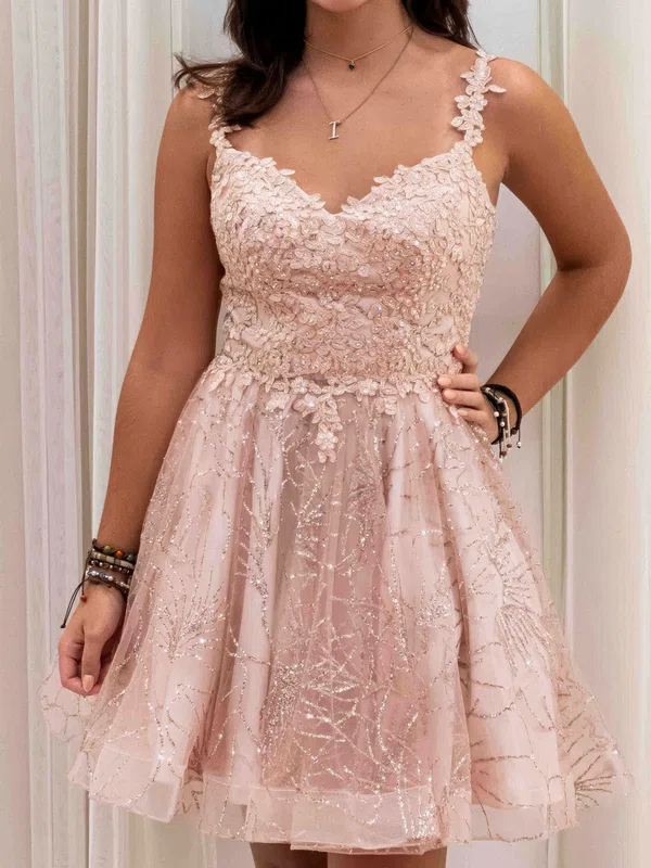 Sparkle V-neck Glitter Lace Homecoming Dresses #Milly02054192