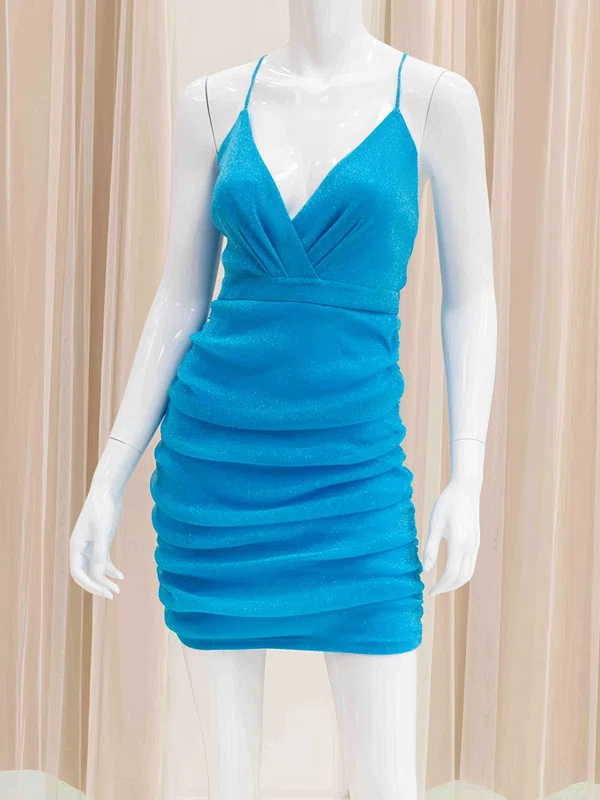 Blue V-neck Glitter Ruched Bodycon Homecoming Dresses #Milly02054193