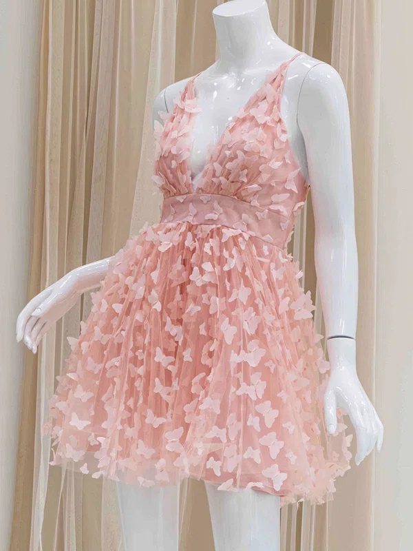 Pink V-neck Tulle Backless Homecoming Dresses #Milly02054199
