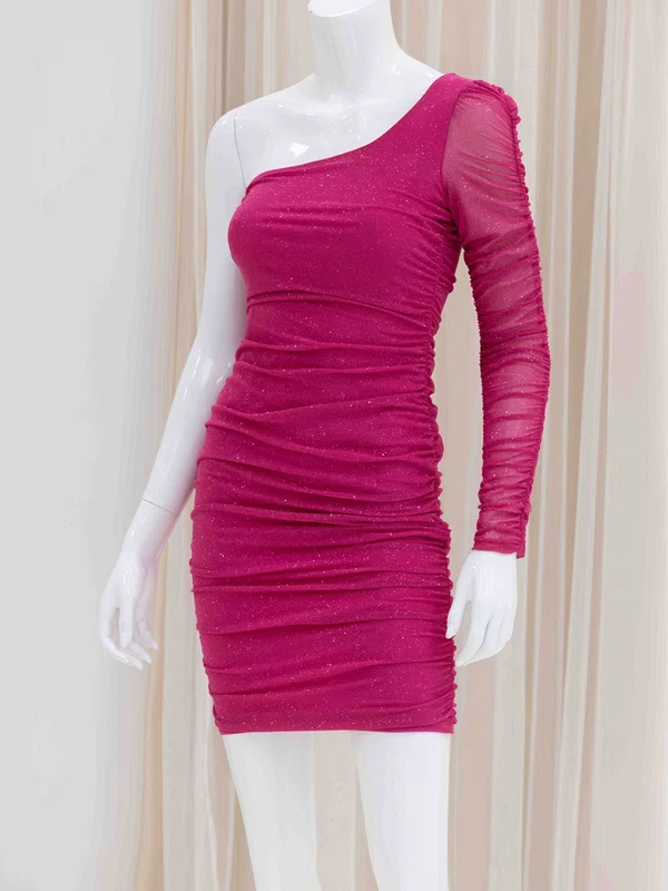 One-Shoulder Glitter Ruched Long Sleeve Bodycon Homecoming Dresses #Milly02054208