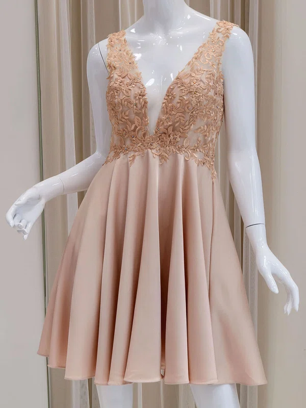 V-neck Satin Appliques Lace Homecoming Dresses #Milly02054210
