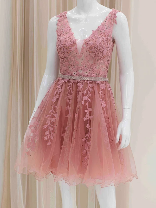 V-neck Tulle Appliques Lace Homecoming Dresses #Milly02054217