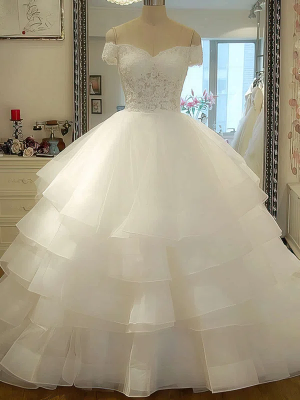 Ball Gown Off-the-shoulder Organza Court Train Wedding Dresses With Tiered #00020986
