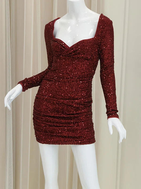 Sparkly Burgundy Bodycon Ruched Sequin Dress PT02054225