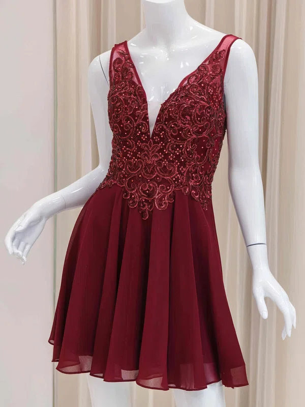 Burgundy V-neck Chiffon Appliques Lace Homecoming Dresses #Milly02054228