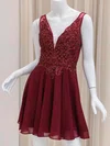 Burgundy V-neck Chiffon Appliques Lace Homecoming Dresses #Milly02054228