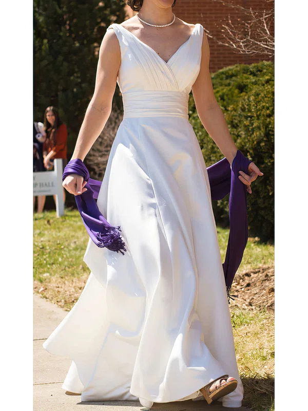 A-line V-neck Silk-like Satin Sweep Train Wedding Dresses With Ruffles #00020991