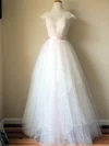 Cap Straps White Tulle Lace with Sashes/Ribbons V-neck Designer Wedding Dresses #00020993