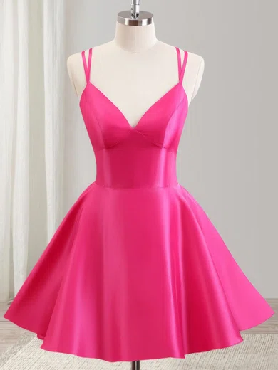 Fuchsia V-neck Satin Open Back Homecoming Dresses #Milly02054259