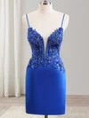 Royal Blue V-neck Satin Appliques Lace Bodycon Homecoming Dresses #Milly02054268