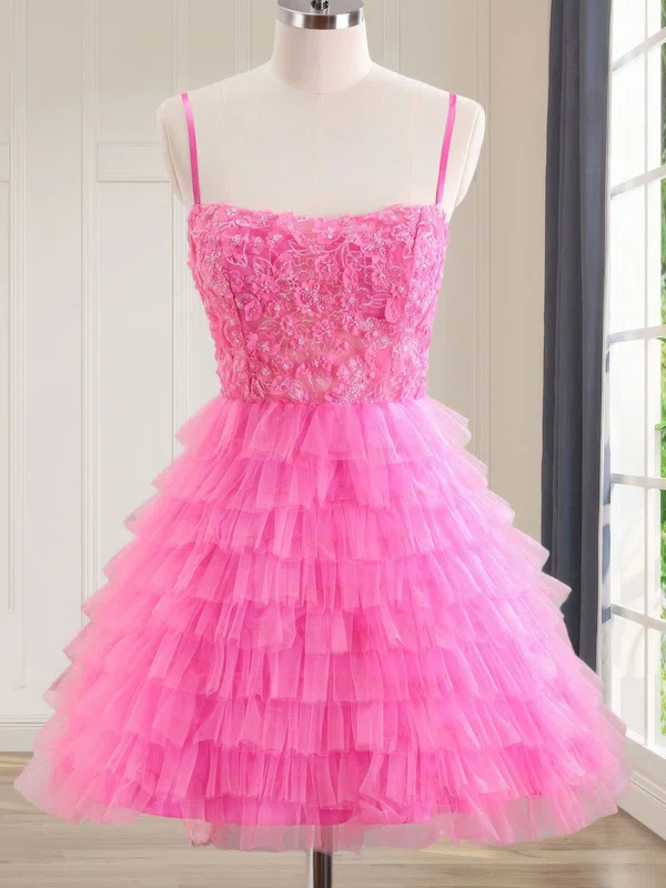 Pink Square Neckline Tulle Tiered Homecoming Dresses #Milly02054279