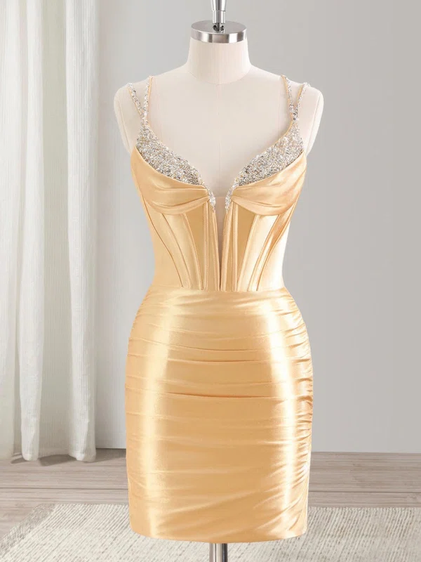 V-neck Satin Beaded Bodycon Homecoming Dresses #Milly02054301