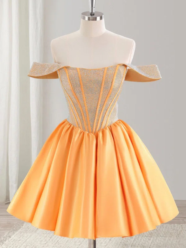 Off-The-Shoulder Satin Beaded Homecoming Dresses #Milly02054305