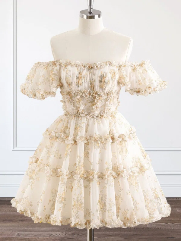Floral Print Off-The-Shoulder Puff Sleeve Homecoming Dresses #Milly02054306