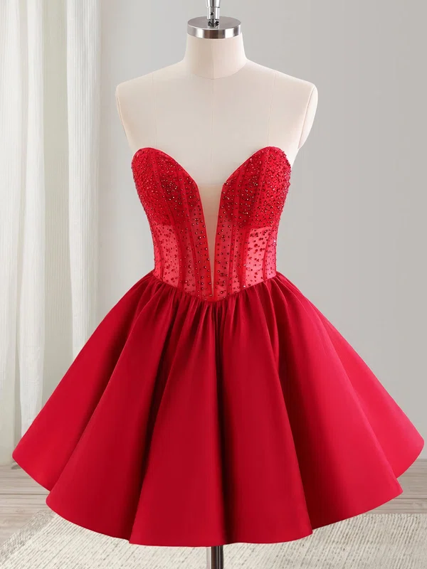 Red V-neck Satin Beaded Homecoming Dresses #Milly02054315